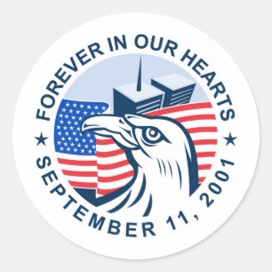 Pegatina Redonda 9/11 conmemorativo torres gemelas de la bandera de