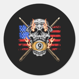Pegatina Redonda 9 Ball Billiard Pool Player American Flag Skull Bi