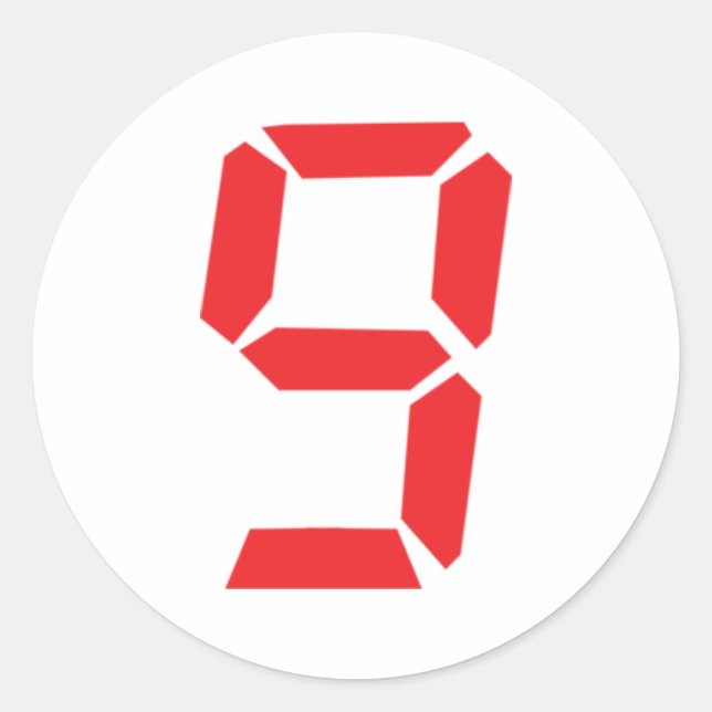 Pegatina Redonda 9 número digital de despertador rojo (Anverso)