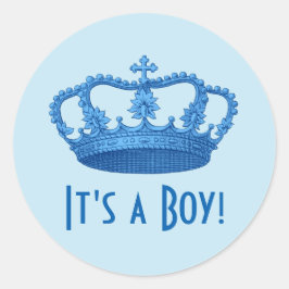 Pegatina Redonda A04 de la corona azul vintage de Baby Shower o Inv
