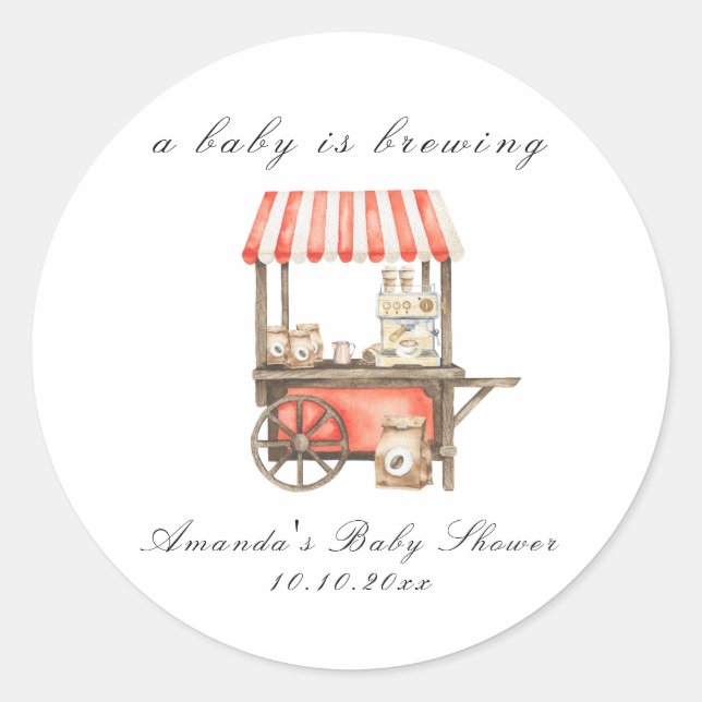 Pegatina Redonda A Baby Is Brewing Coffee Cart Baby Shower (Anverso)