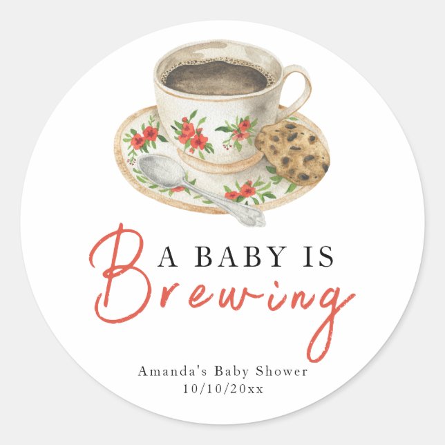 Pegatina Redonda A Baby Is Brewing Coffee Cup Baby Shower (Anverso)