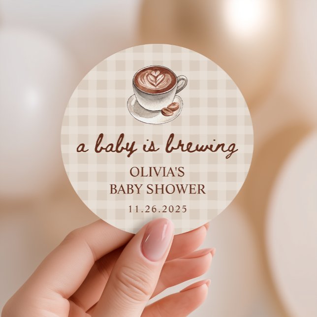 Pegatina Redonda A Baby is Brewing Gingham Coffee Baby Shower Favor (Subido por el creador)
