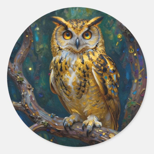 Pegatina Redonda A Blue and Gold Majestic Owl   (Anverso)