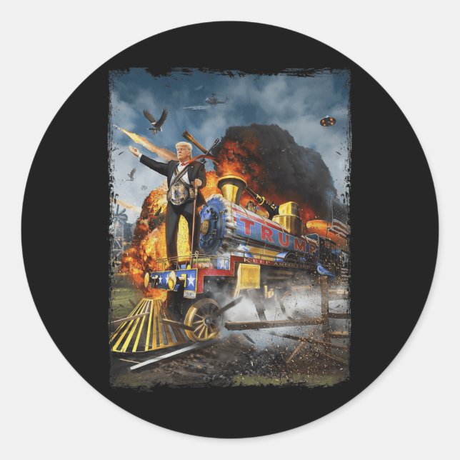Pegatina Redonda A Bordo De La Divertida Tren De Trump, Donald Trum (Anverso)