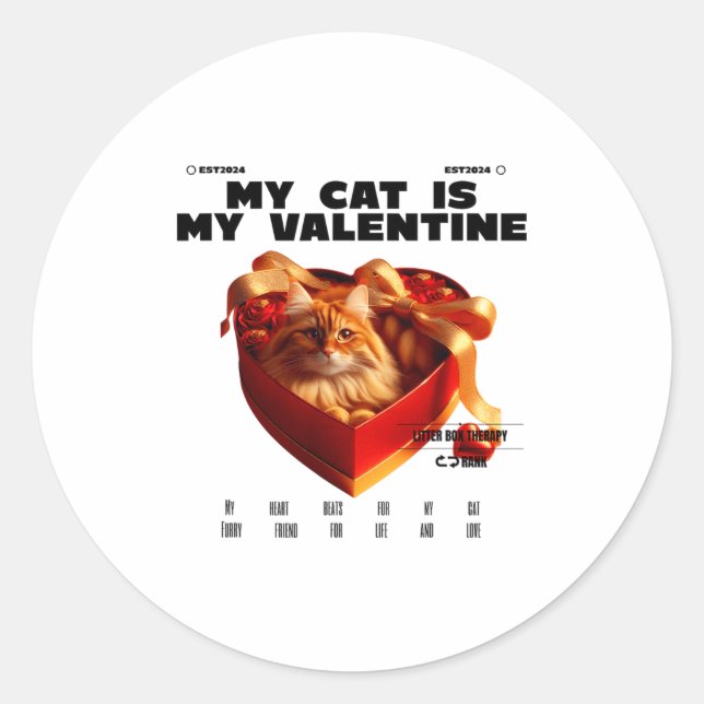 Pegatina Redonda A Cat In The Box Therapy Happy Valentine Day Funny (Anverso)