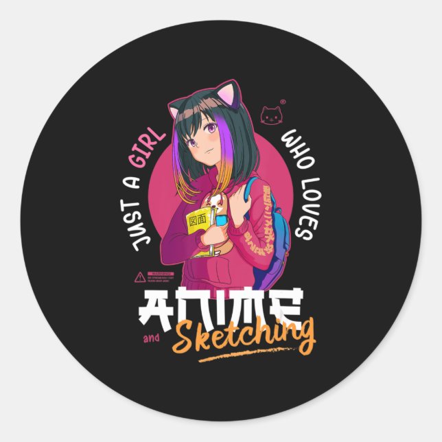 Pegatina Redonda A Chica le encanta bocetos animales Ramen Manga Ot (Anverso)