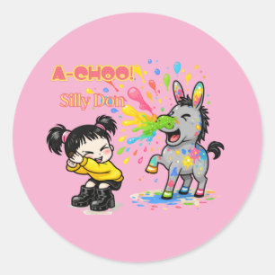 Pegatina Redonda ¡A-CHÚ! Don Tonto: divertida caricatura de burro e