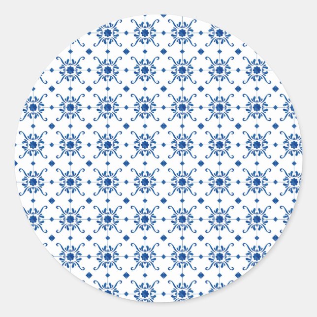 Pegatina Redonda A circular sticker features a repeating blue  (Anverso)