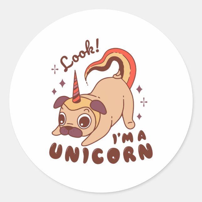 Pegatina Redonda A funny pug unicorn Look I'm a Unicorn (Anverso)