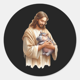 Pegatina Redonda A Jesús Le Encanta Moo Deng Bouncy Pig Cute Ba