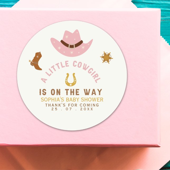 Pegatina Redonda A Little Cowgirl Is on The Way Cute Baby Shower (Subido por el creador)