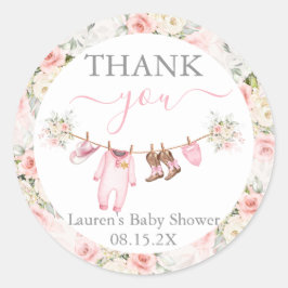 Pegatina Redonda A little Cowgirl Pink Baby Shower Girl