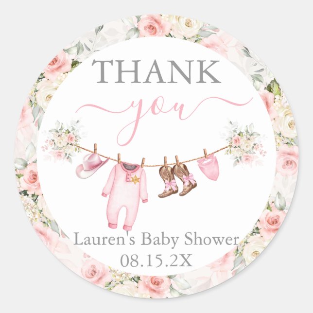 Pegatina Redonda A little Cowgirl Pink Baby Shower Girl (Anverso)