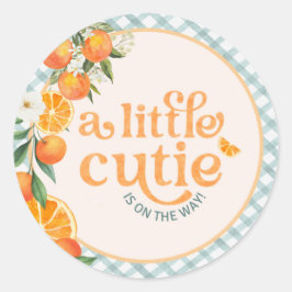 Pegatina Redonda A Little Cutie Orange Baby Shower Tag |