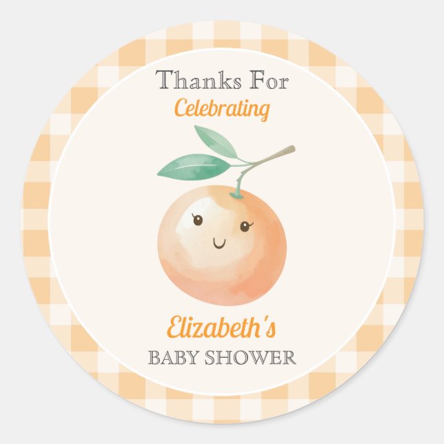 Pegatina Redonda A Little Cutie Orange Gingham Citrus Baby Shower (Anverso)