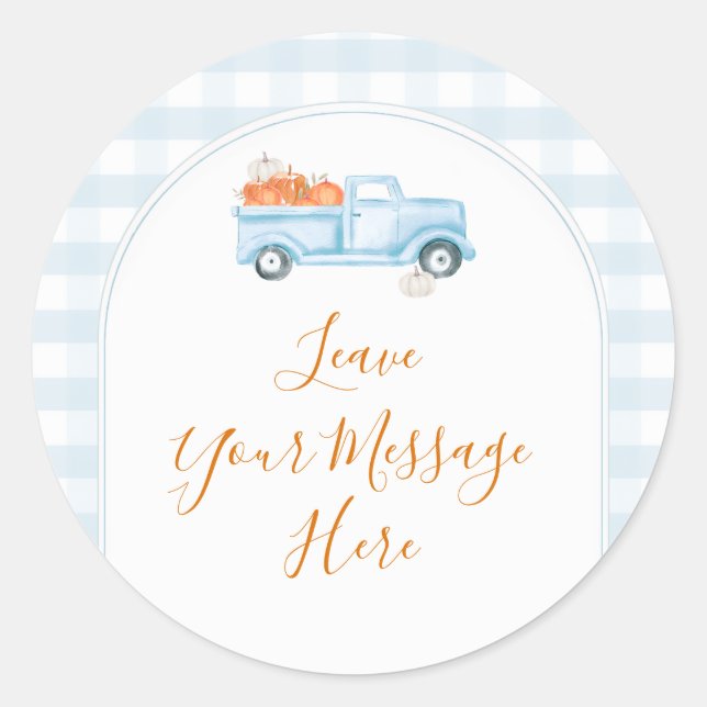 Pegatina Redonda A Little Pumpkin Blue Truck Gingham Your Message (Anverso)
