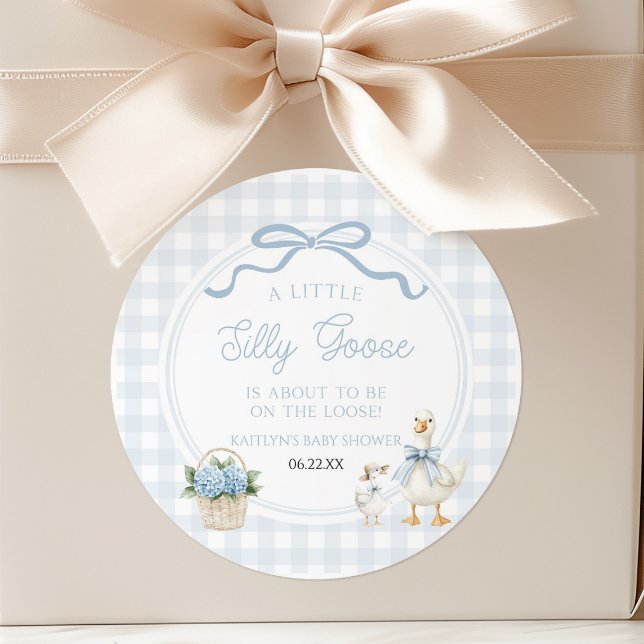 Pegatina Redonda A Little Silly Goose Blue Floral Bow Baby Shower (Subido por el creador)