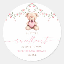 Pegatina Redonda A Little Sweetheart Pink Teddy Bear Baby Shower