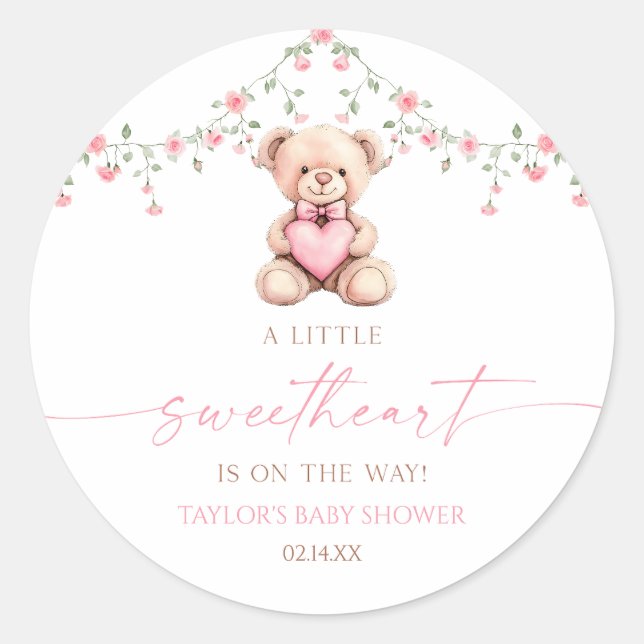 Pegatina Redonda A Little Sweetheart Pink Teddy Bear Baby Shower (Anverso)