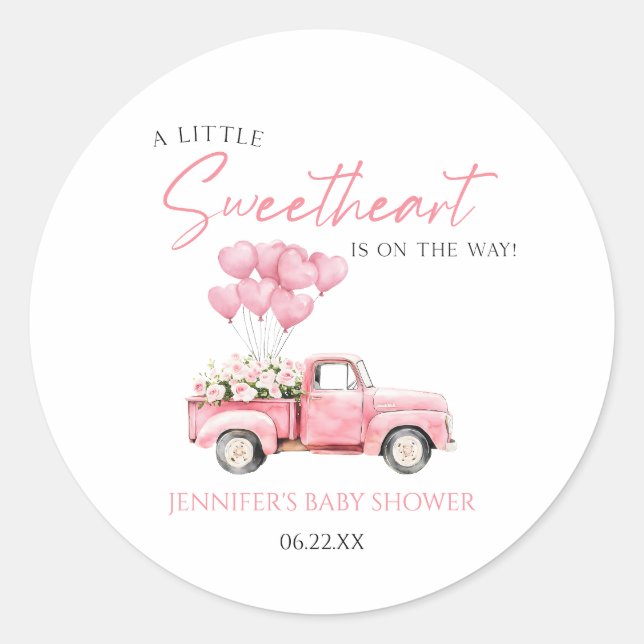 Pegatina Redonda A Little Sweetheart Valentine's Day Baby Shower (Anverso)