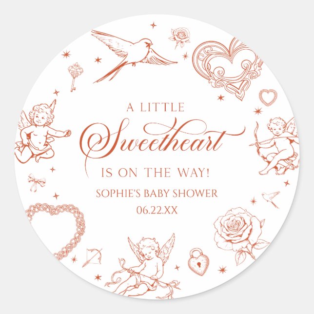 Pegatina Redonda A Little Sweetheart Valentine's Day Baby Shower (Anverso)