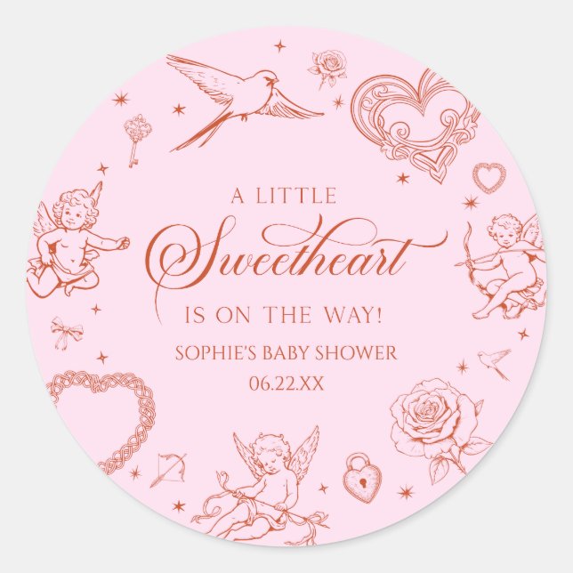 Pegatina Redonda A Little Sweetheart Valentine's Day Baby Shower (Anverso)