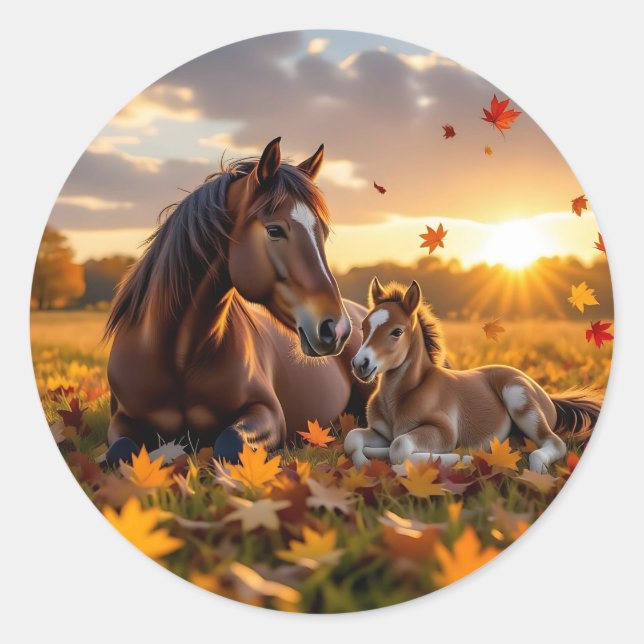 Pegatina Redonda A Mama Horse and her Foal in Autumn (Anverso)