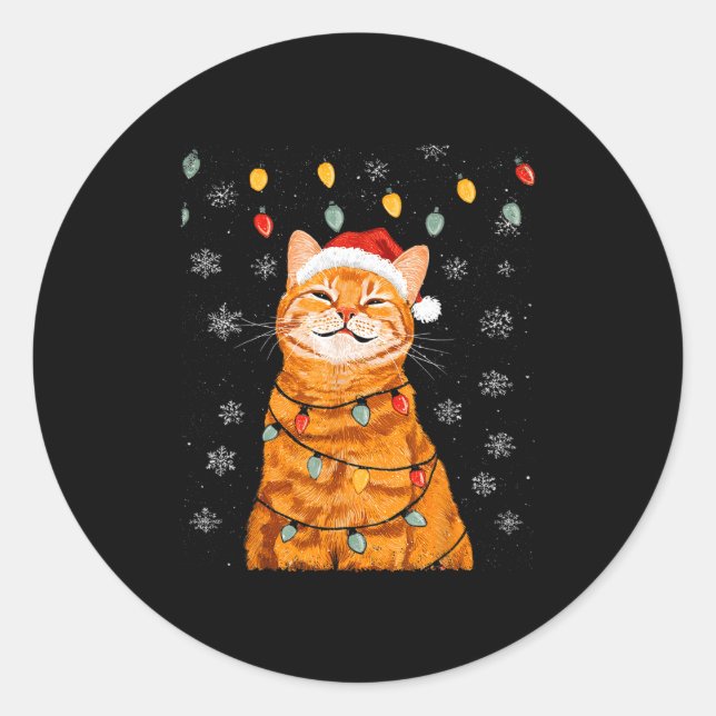 Pegatina Redonda A Merry Christmas Lights Snowflake Ginger Cat Oran (Anverso)