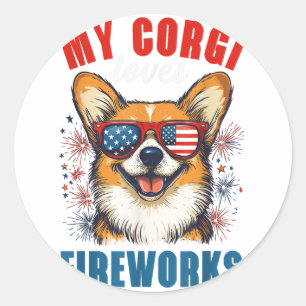 Pegatina Redonda A Mi Corgi Le Encantan Los Fuegos Artificiales 4 D