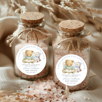 Pegatina Redonda A New Chapter Bear Book Baby Shower Thank you