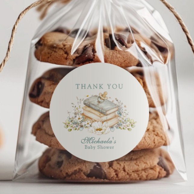 Pegatina Redonda A New Chapter Begins Rustic Book Theme Baby Shower (Subido por el creador)