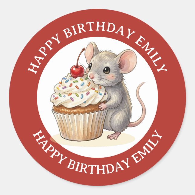 Pegatina Redonda A Personalized Birthday Mouse with Cupcake (Anverso)