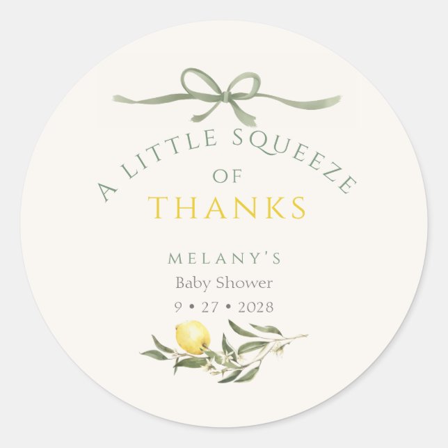 Pegatina Redonda A Squeeze of Thanks Lemon Citrus Baby Shower (Anverso)