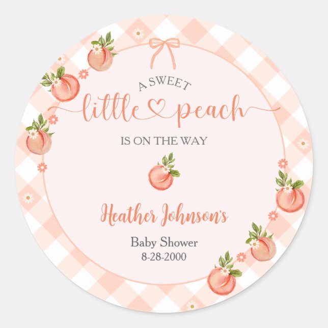 Pegatina Redonda A Sweet Little Peach Gingham Baby Shower (Anverso)