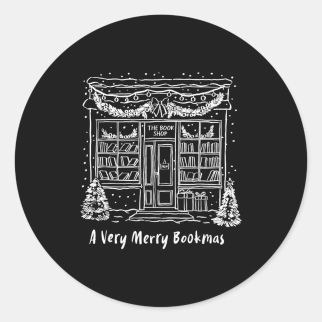 Pegatina Redonda A Very Merry Bookmas Cozy Christmas Bookstore Holi (Anverso)