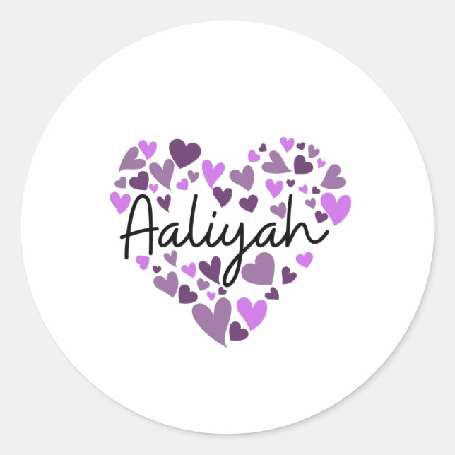 Pegatina Redonda Aaliyah, corazones morados (Anverso)