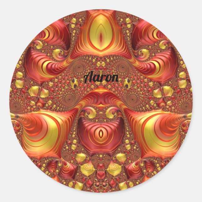 Pegatina Redonda AARON ~ Diseño fractal rojo marrón amarillo ~ (Anverso)