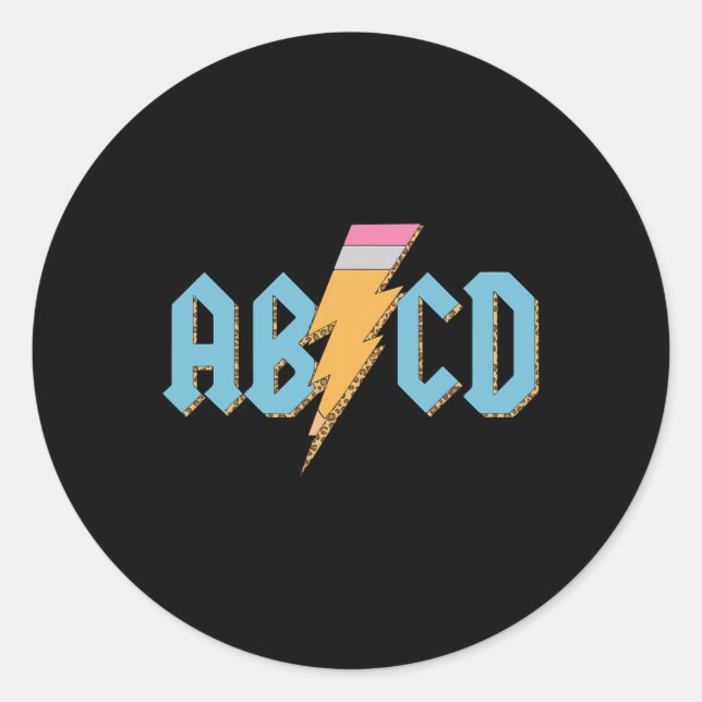 Pegatina Redonda Abcd Pencil Lightning Rock'n Roll Teacher De Nuevo (Anverso)