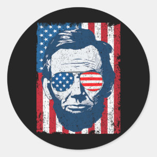 Pegatina Redonda Abe Lincoln Beard Sungles Y Bandera Americana 4 De