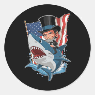Pegatina Redonda Abe Lincoln Riding Shark Impresionante 4 De Julio 