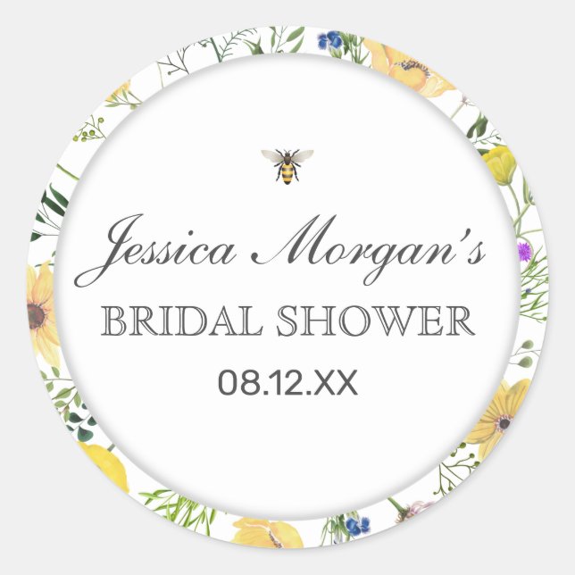 Pegatina Redonda Abeja acuarela Y Delicado Baby Shower De Flor Silv (Anverso)
