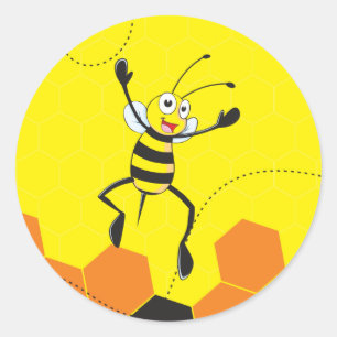 Pegatina Redonda Abeja amarilla suave saltando Hurray Hoorah