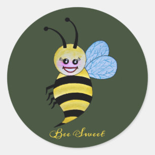 Pegatina Redonda Abeja Cuidada De Acuarela Con Sonrisa Feliz