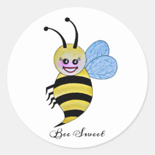 Pegatina Redonda Abeja Cuidada De Acuarela Con Sonrisa Feliz