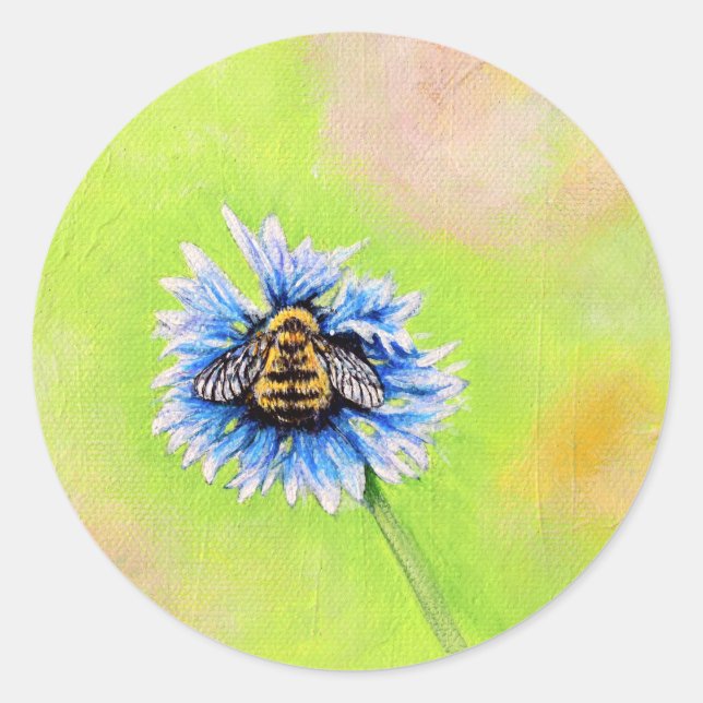 Pegatina Redonda Abeja de burbujas en pintura de flores (Anverso)