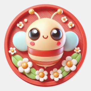 Pegatina Redonda Abeja de dibujos animados adorable con flores deco