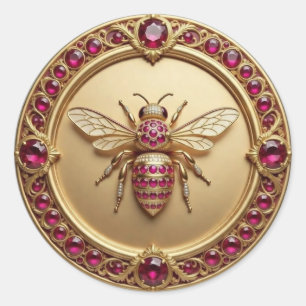 Pegatina Redonda Abeja de Miel con Joyas de Oro y Rubí