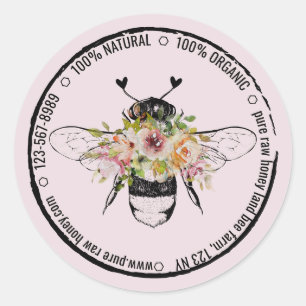 Pegatina Redonda Abeja de Miel de Apiario Floral Corazones Orgánico