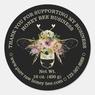 Pegatina Redonda Abeja de miel de apiario negro con corazón Gracias